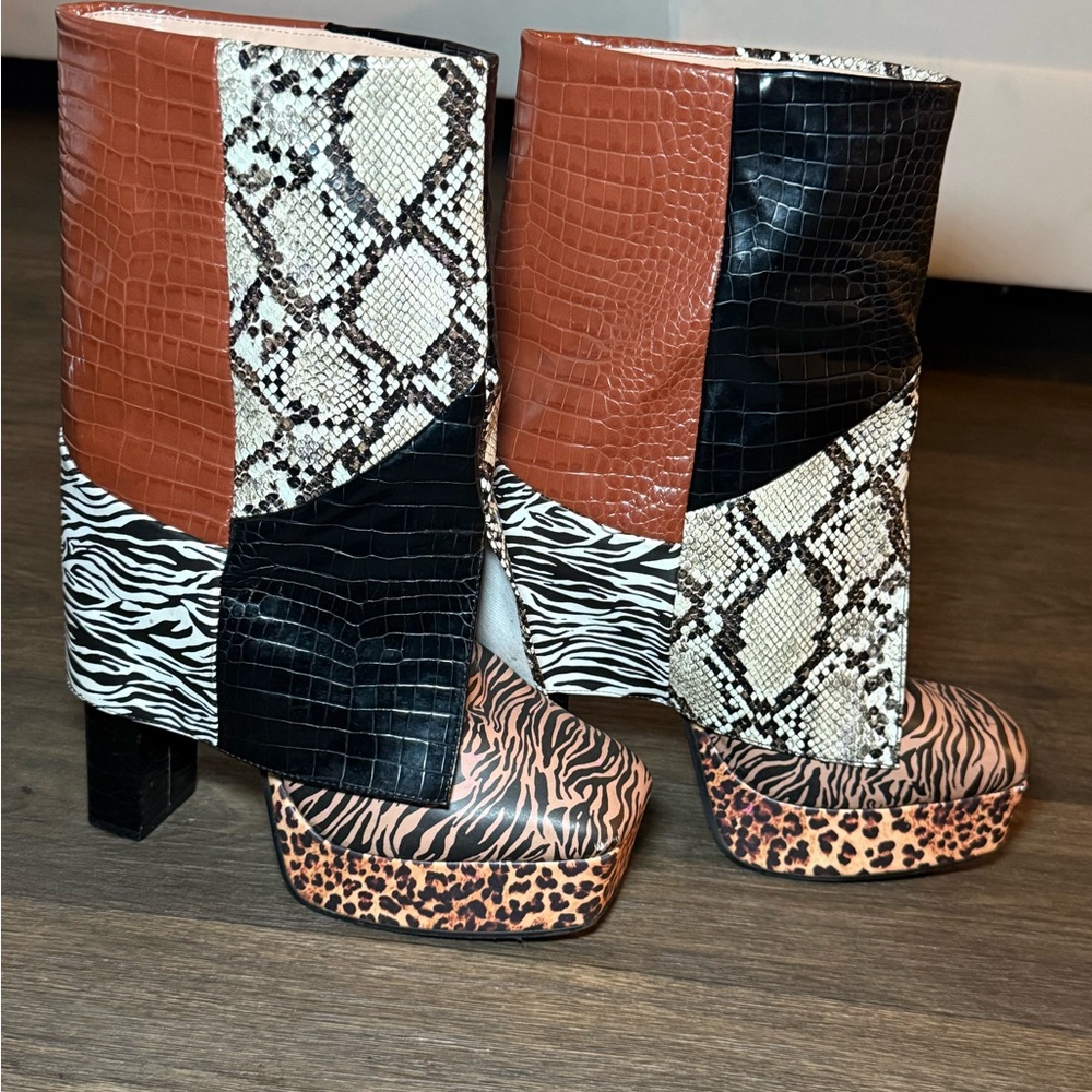 Patchwork Animal Print Platform Boots - image 1